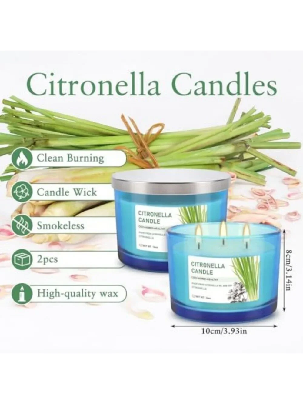 Set of 2 Large 14oz 3-Wick Citronella Candles for Outdoor & Indoor Use